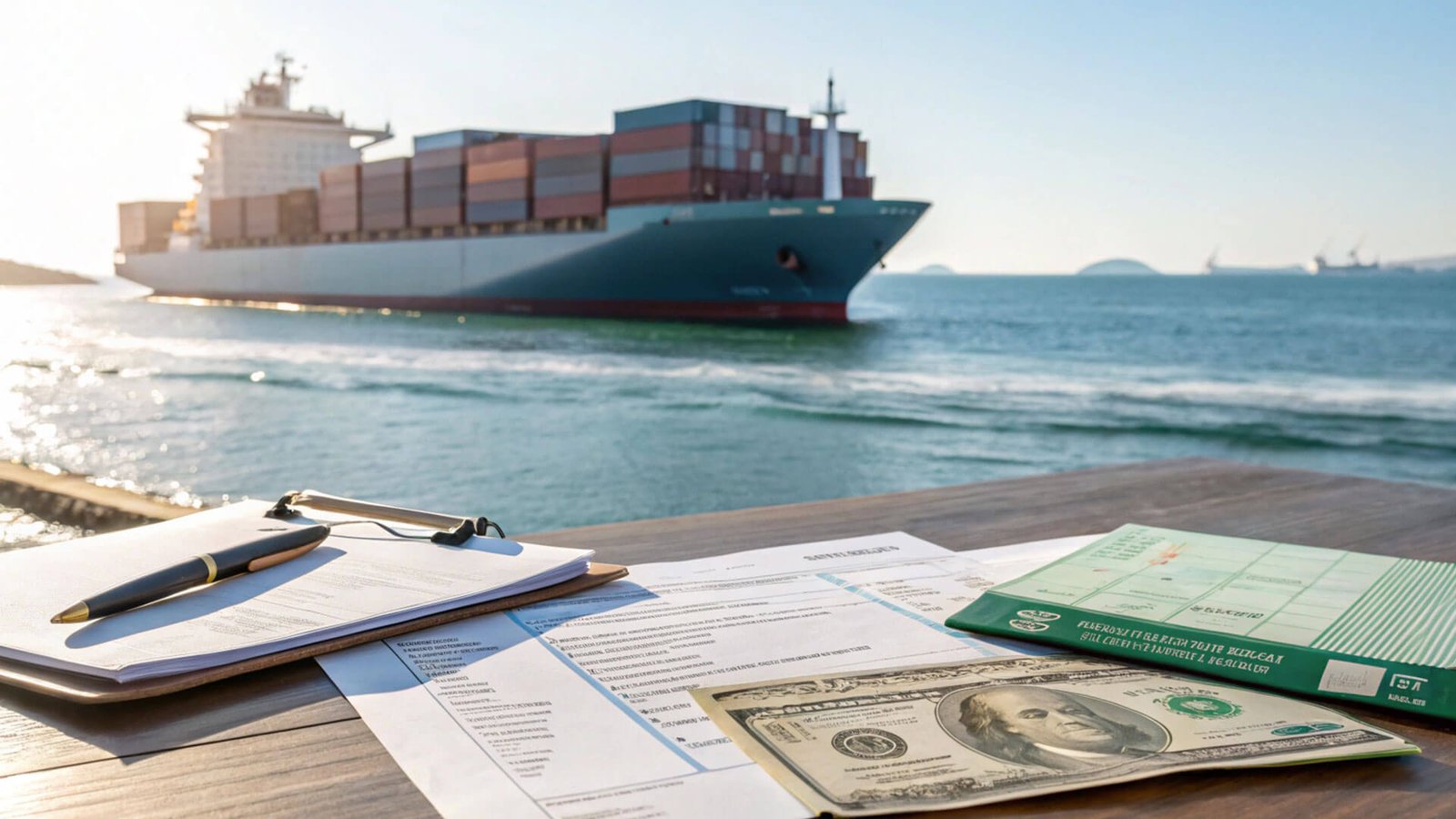 A container being moved by a drayage truck at the port