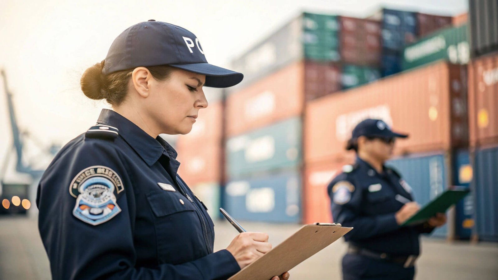 A customs officer inspecting a package in a warehouse