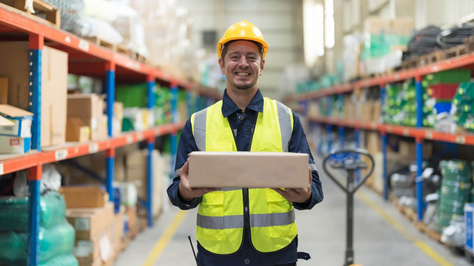 Two business people shaking hands over a shipping contract