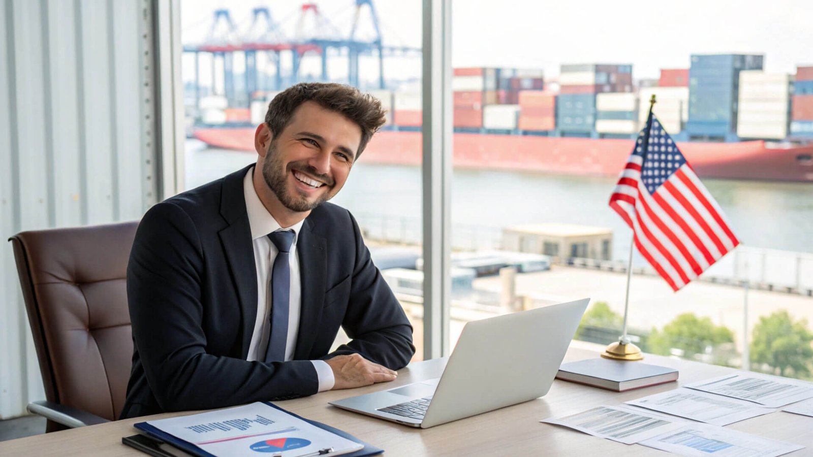 A customs officer inspecting a shipping container's contents and paperwork