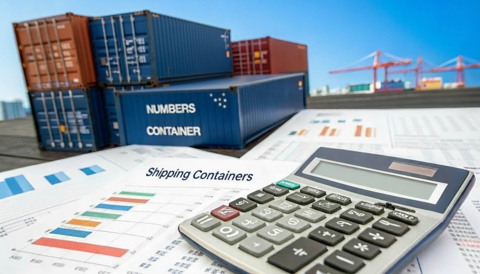 A calculator and a shipping container representing tariff calculation