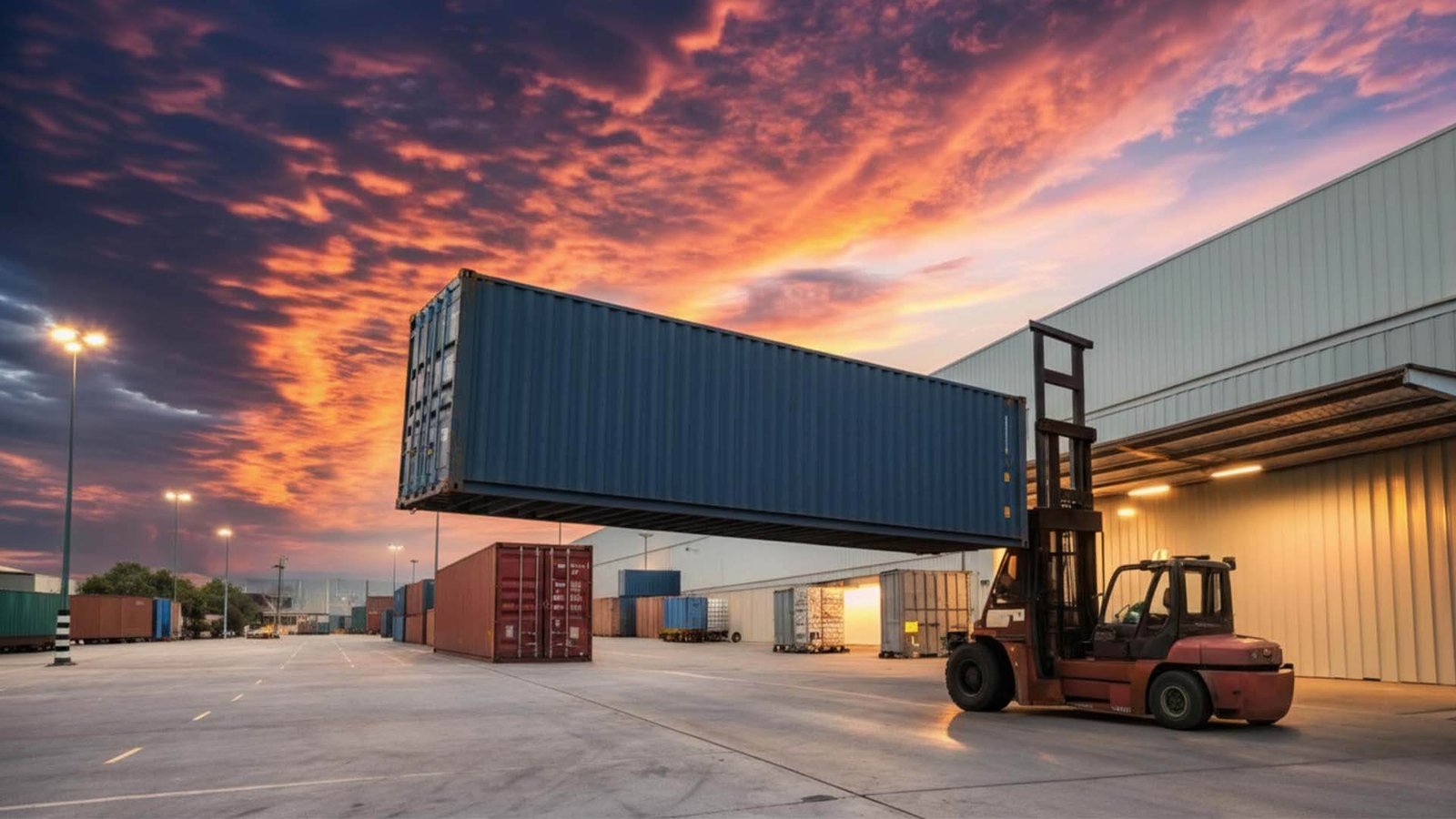 A container being unloaded from a truck at a warehouse dock
