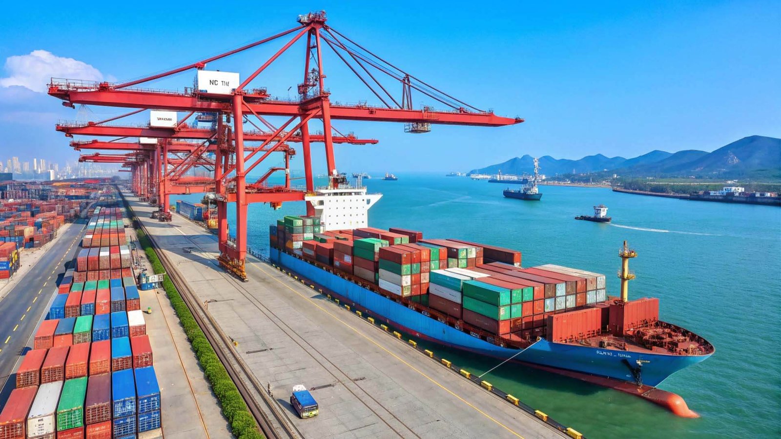 A customs officer inspecting shipping documents and cargo containers