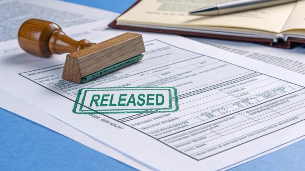 A customs clearance document with a green 'released' stamp