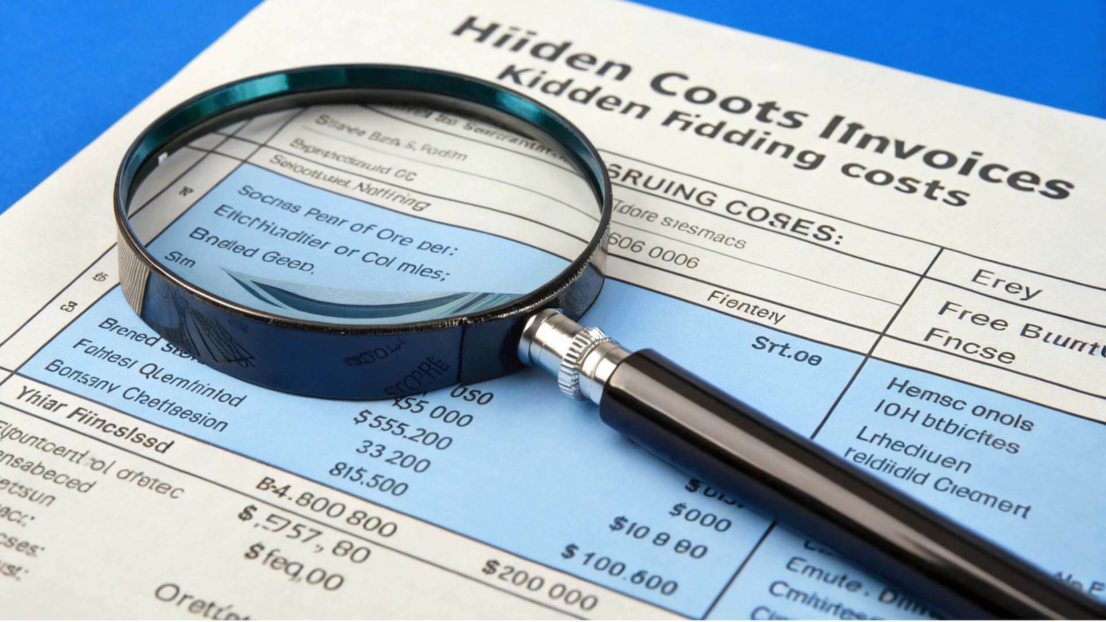 A magnifying glass over a shipping invoice, highlighting hidden costs