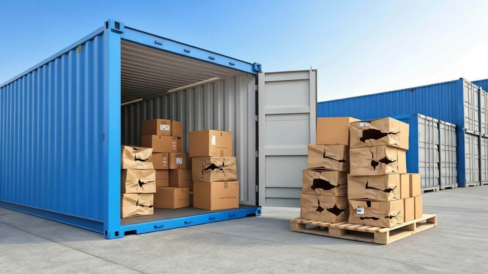 A pallet of damaged boxes inside a shipping container
