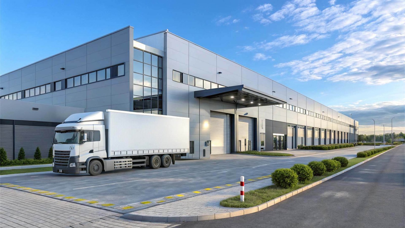 A smooth arrow flowing from a customs building to a truck and then to a warehouse