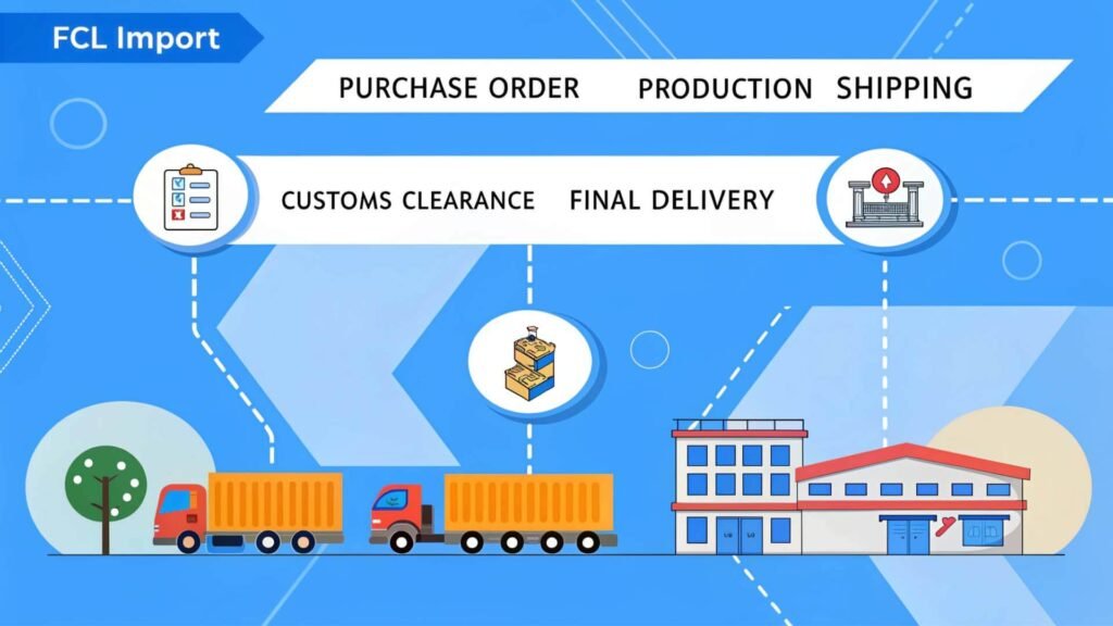 Trade Financing A timeline showing the FCL import process from PO to delivery