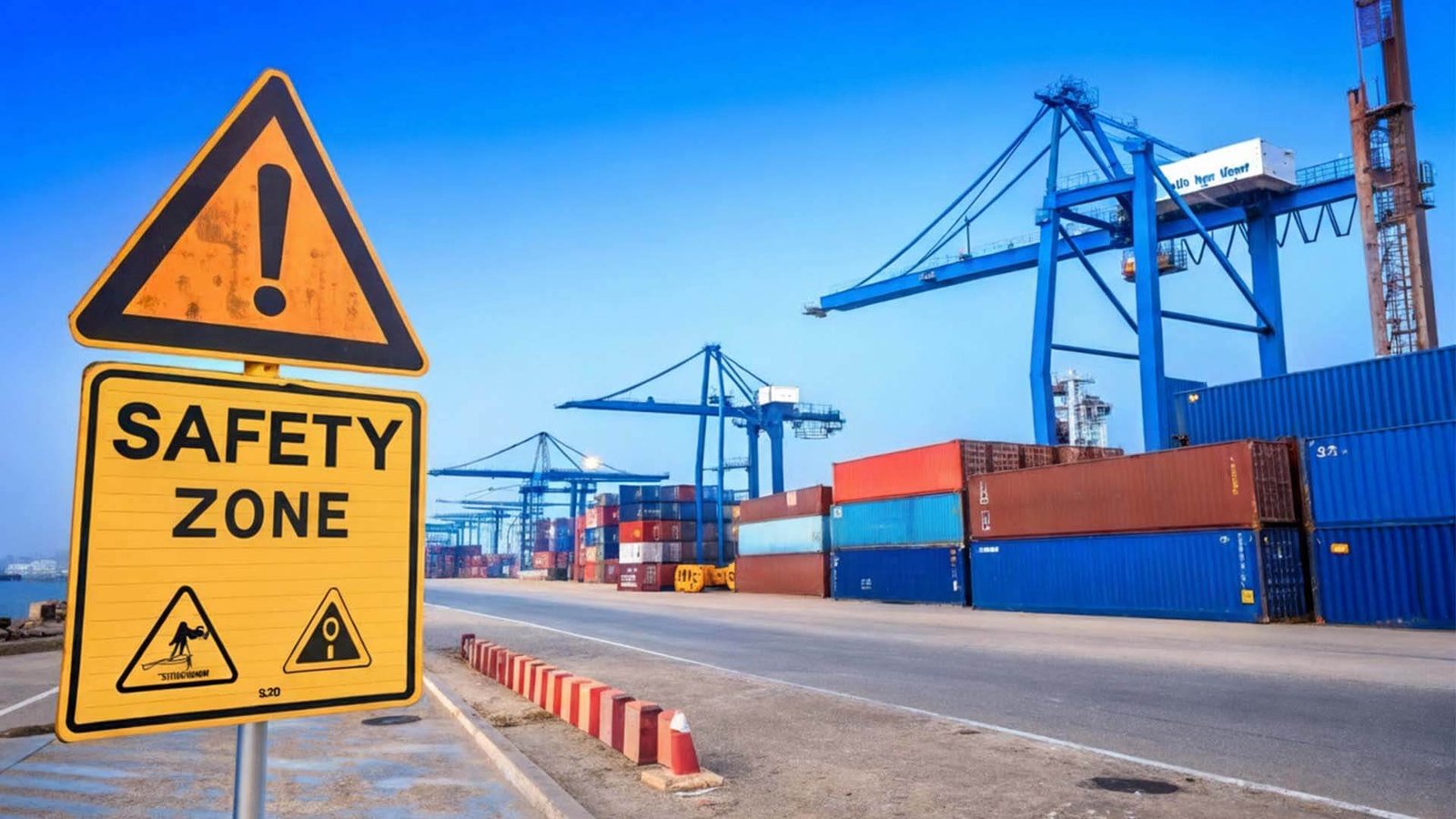 A warning sign in front of a container port