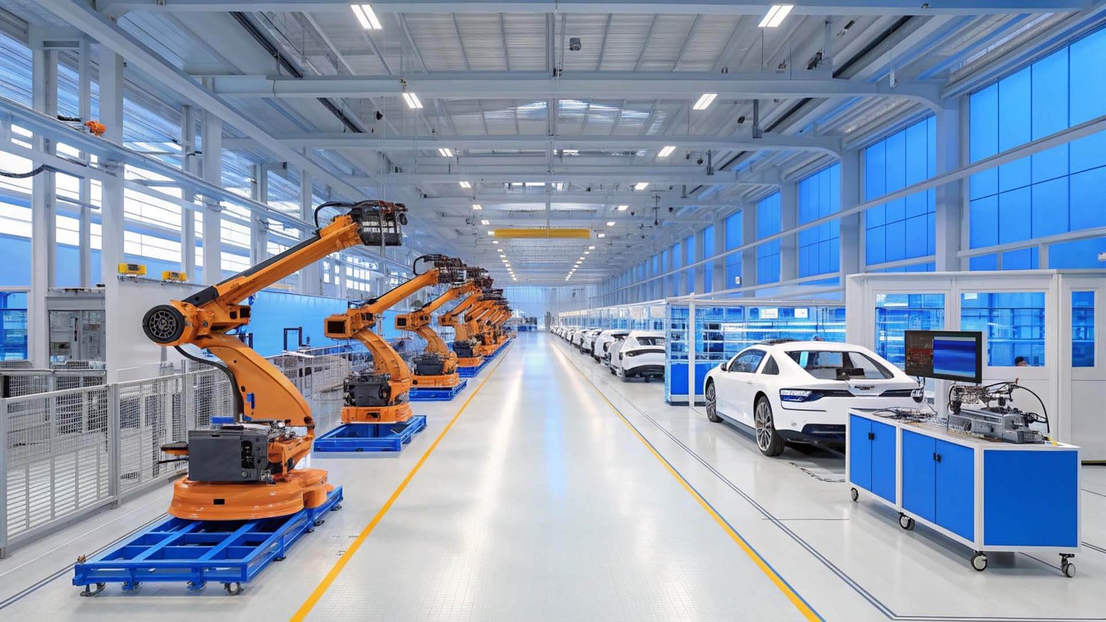 An automotive manufacturing plant with robotic arms