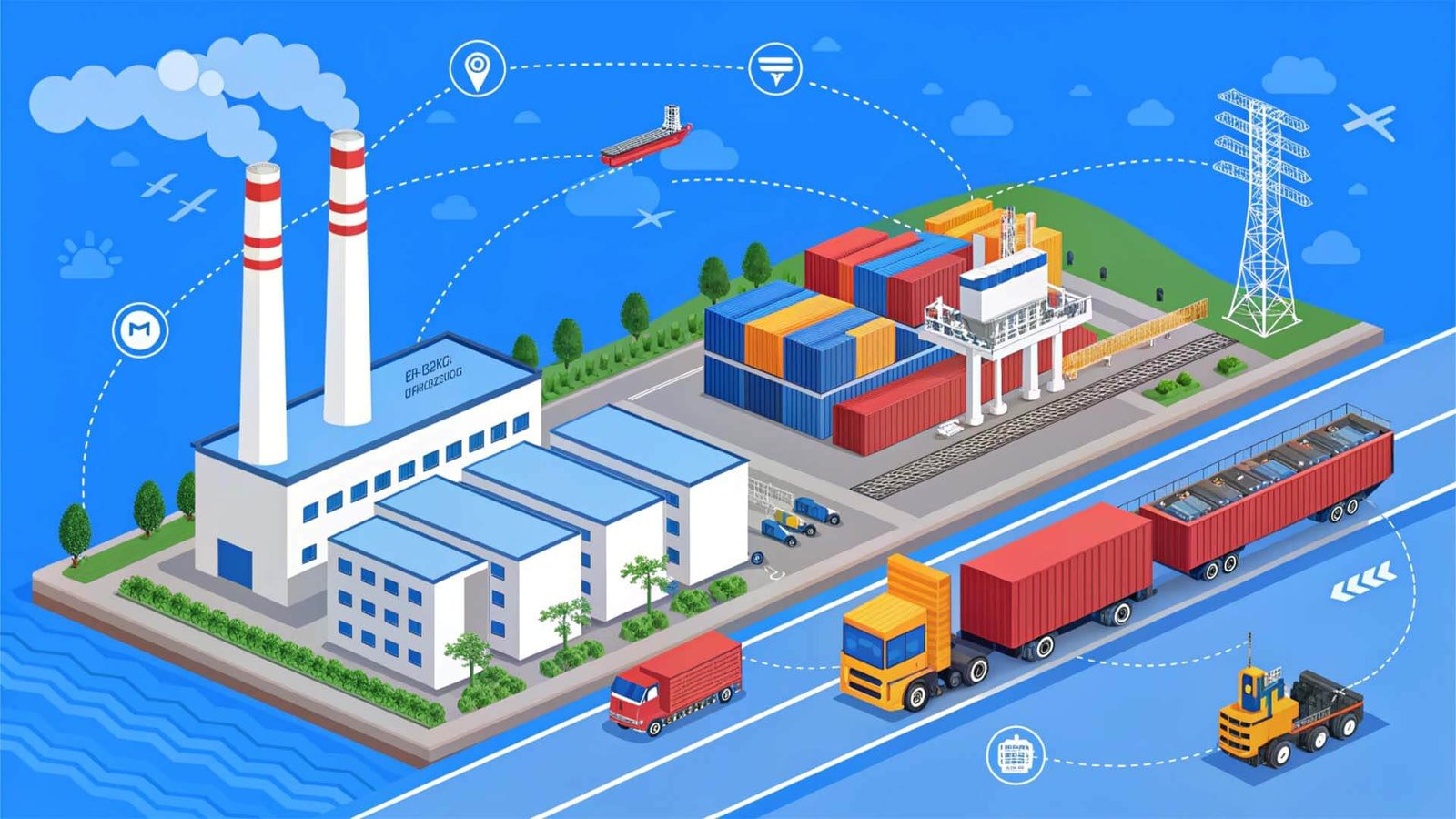An illustration showing a seamless, integrated logistics flow from factory to warehouse