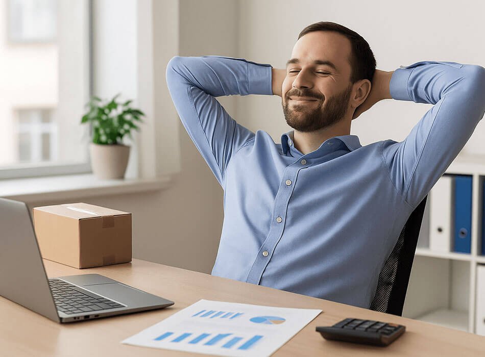 An importer relaxing at their desk, confident their shipment is being handled.