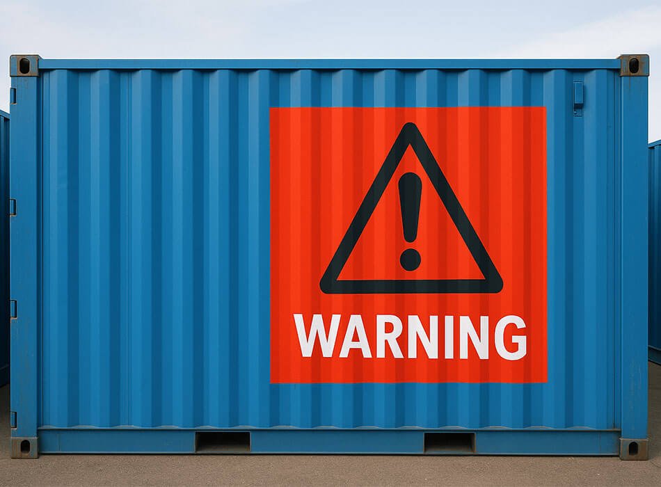 A shipping container with a large red warning sign on it.