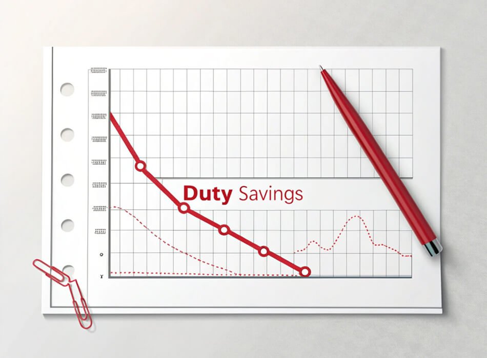 A graph showing a steep decline in costs, labeled 'Duty Savings'.