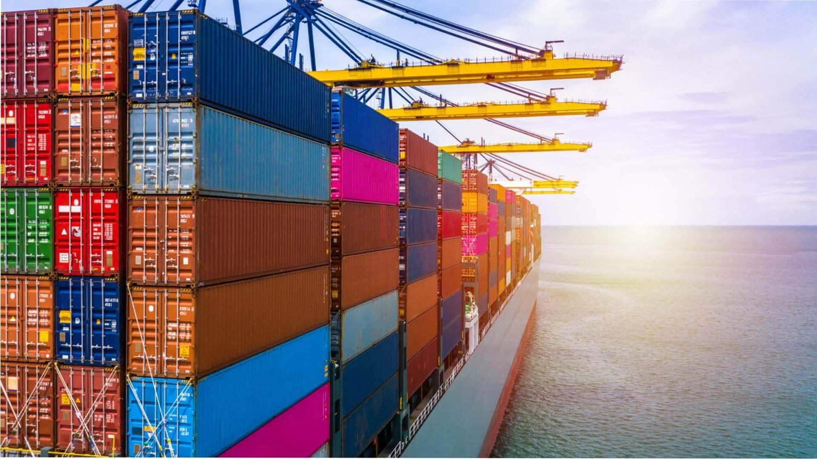 A collage of shipping containers, an airplane, and a customs document