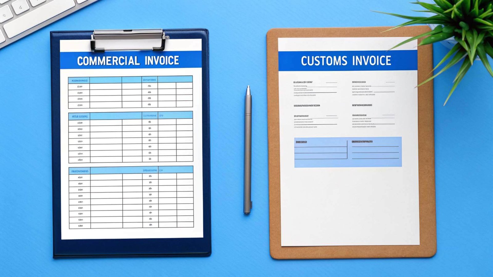 Two documents, one labeled Commercial Invoice and the other Customs Invoice