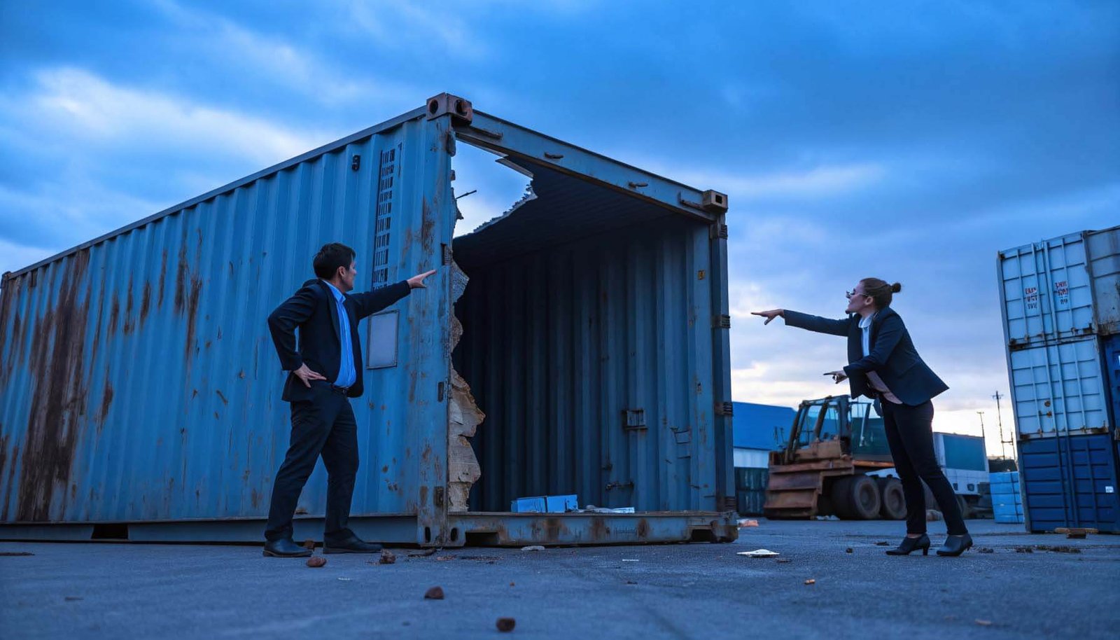 Two people pointing fingers at each other in front of a damaged container
