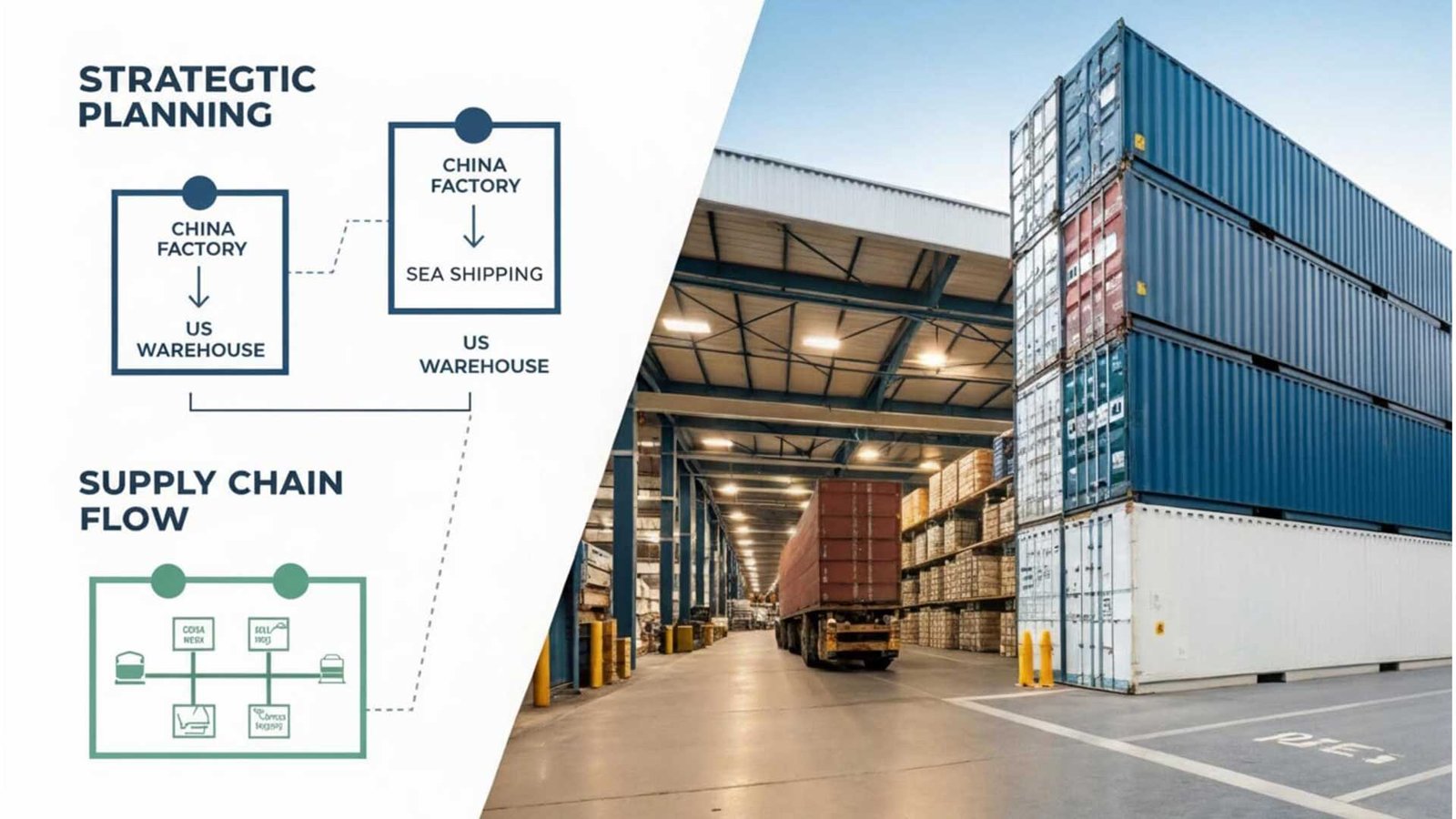 A side-by-side image showing a strategic flowchart (logistics), a shipping container (freight), and a warehouse interior (warehousing).