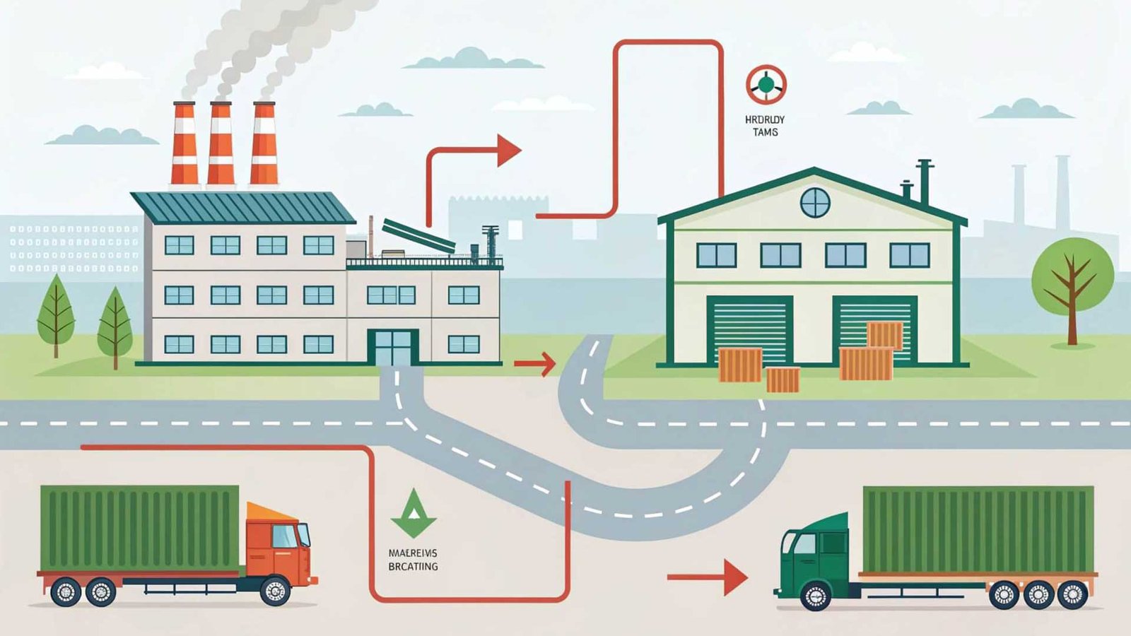 An illustration showing raw materials flowing into a factory (inbound) and finished products flowing out to homes (outbound).