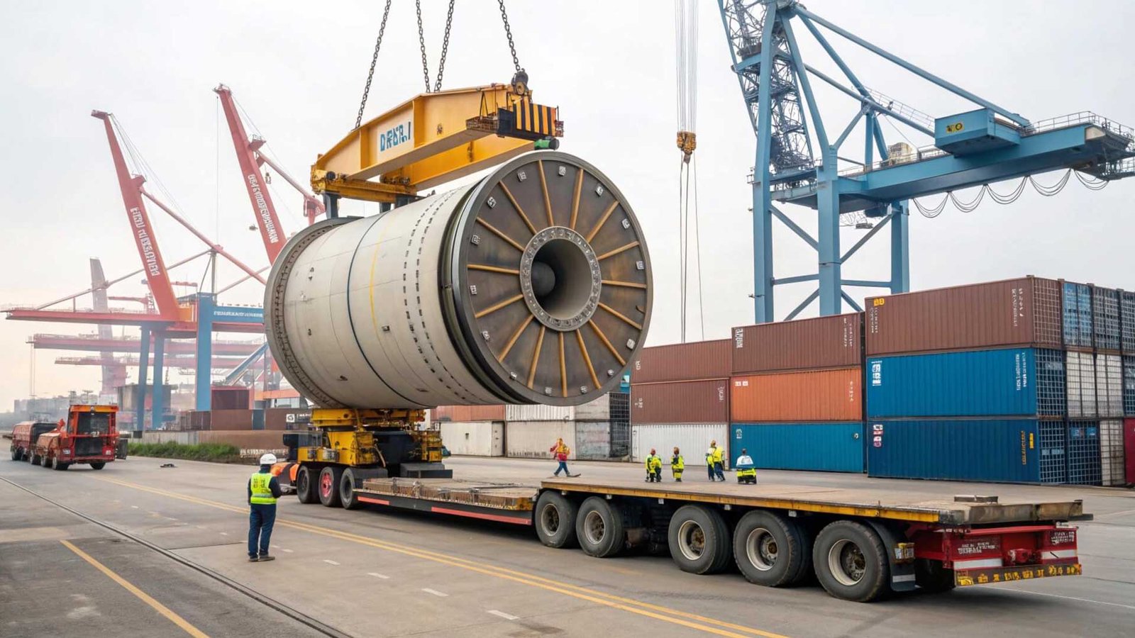 Warehouse workers palletizing and shrink-wrapping goods after devanning