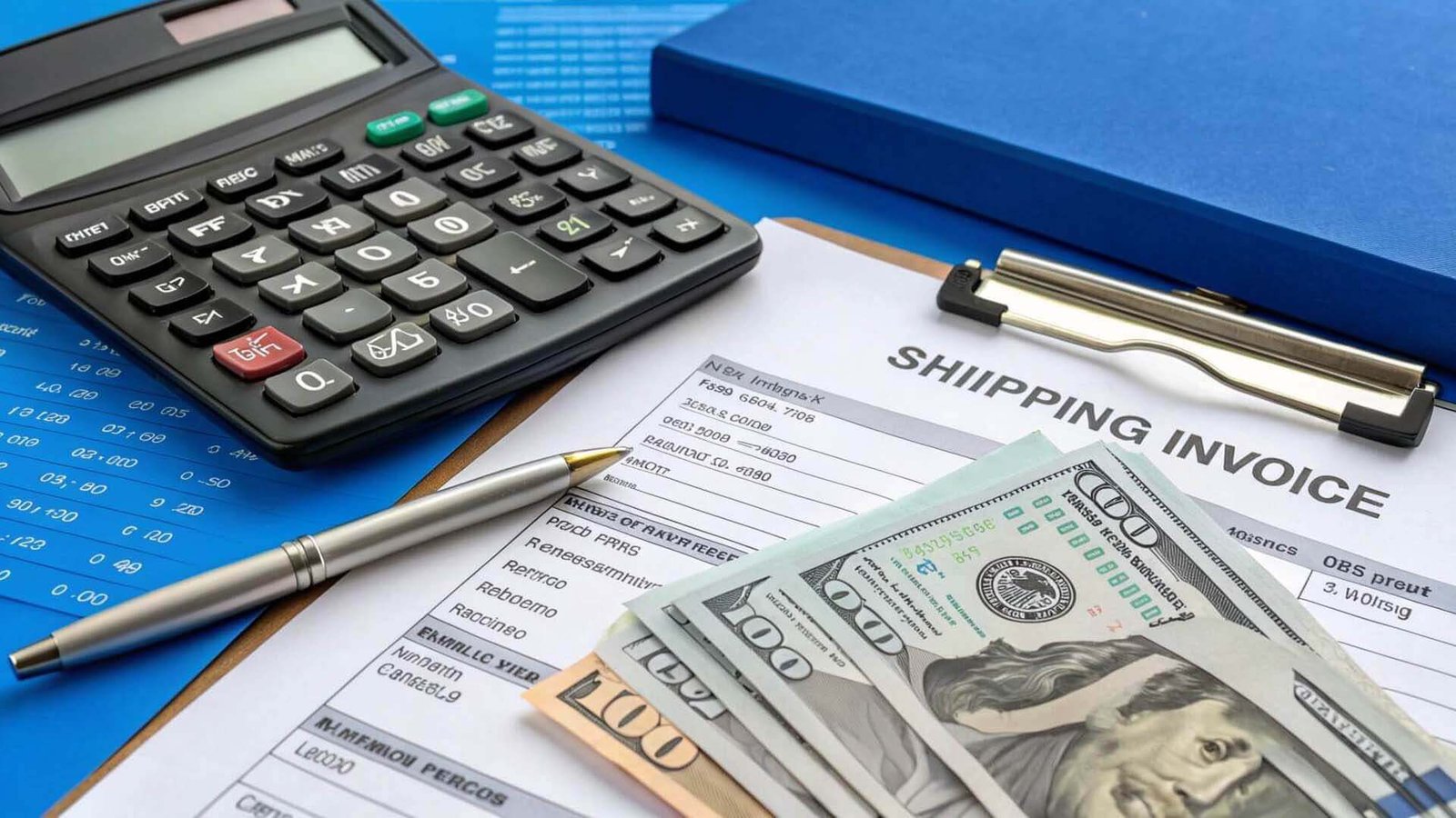 A calculator and money next to a shipping invoice